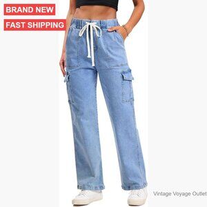 Stretchy Cargo Jeans with Drawstring Waist and 6 Pockets Wide Leg